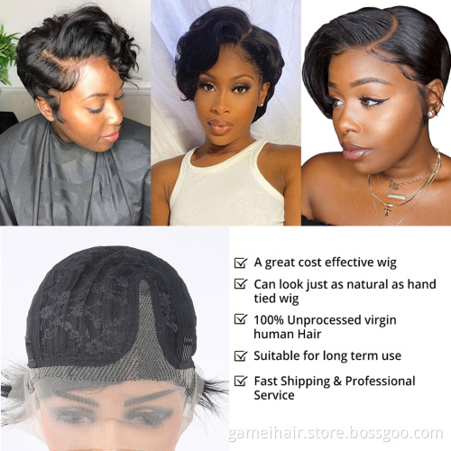 Short Bob  Pixie Cut Wig Straight Human Hair T Part Transparent Lace Wig Side Part Wig For Women Preplucked Hairline